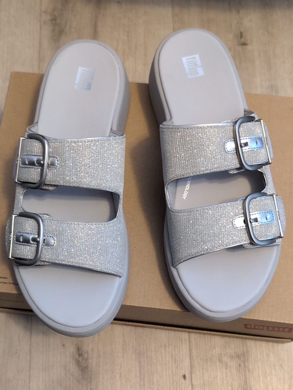 FitFlop Women's F-Mode ShimmerLux 2-Bar Slides Silver Size 10